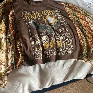 Brown Free Bird Graphic Tee with Patterned Sleeves